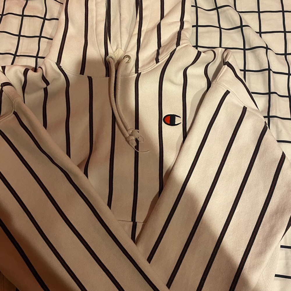 White/black stripped champion hoodie